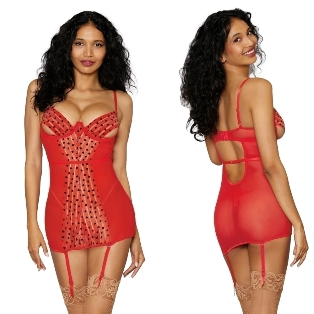 NEW Dreamgirl Piece of my Heart Red Strappy Sexy Chemise Garters Large